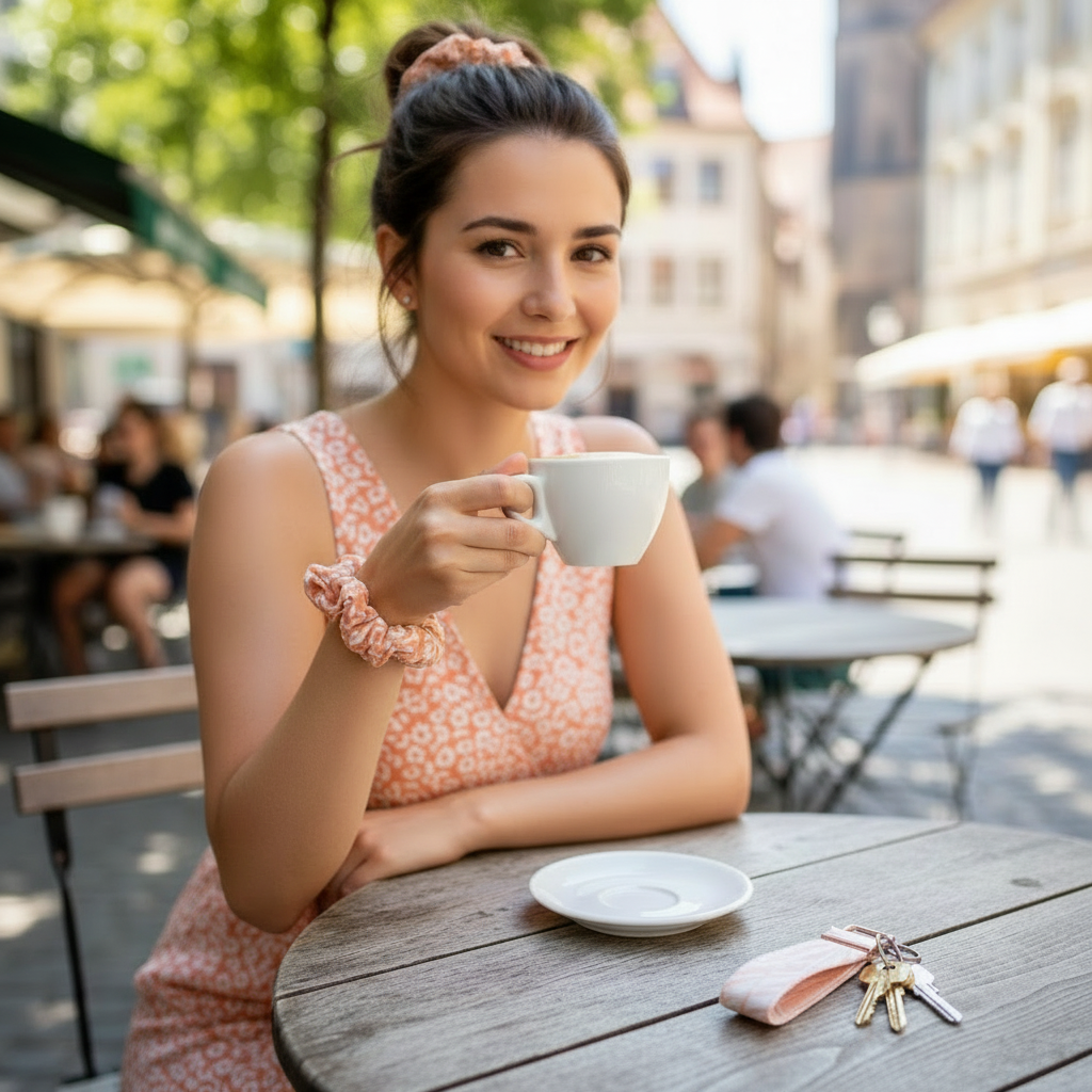 Schlüsselband Apricot-Weiß Palmblätter Baumwolle