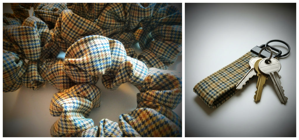 Schlüsselband Beige kariert Wollstoff