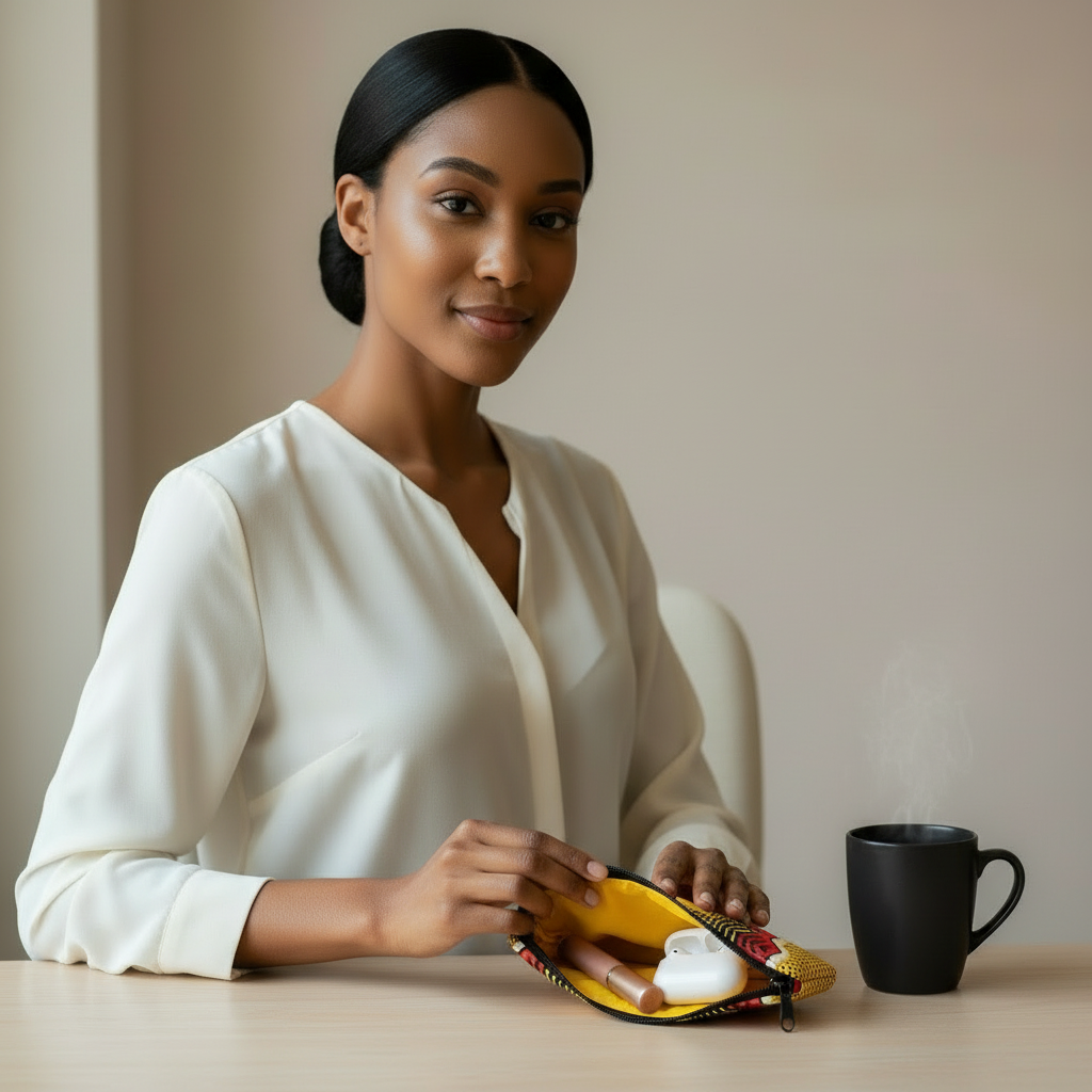 Kosmetik-Tasche Gelb-Orange "Sonne" Ankara-Fabric