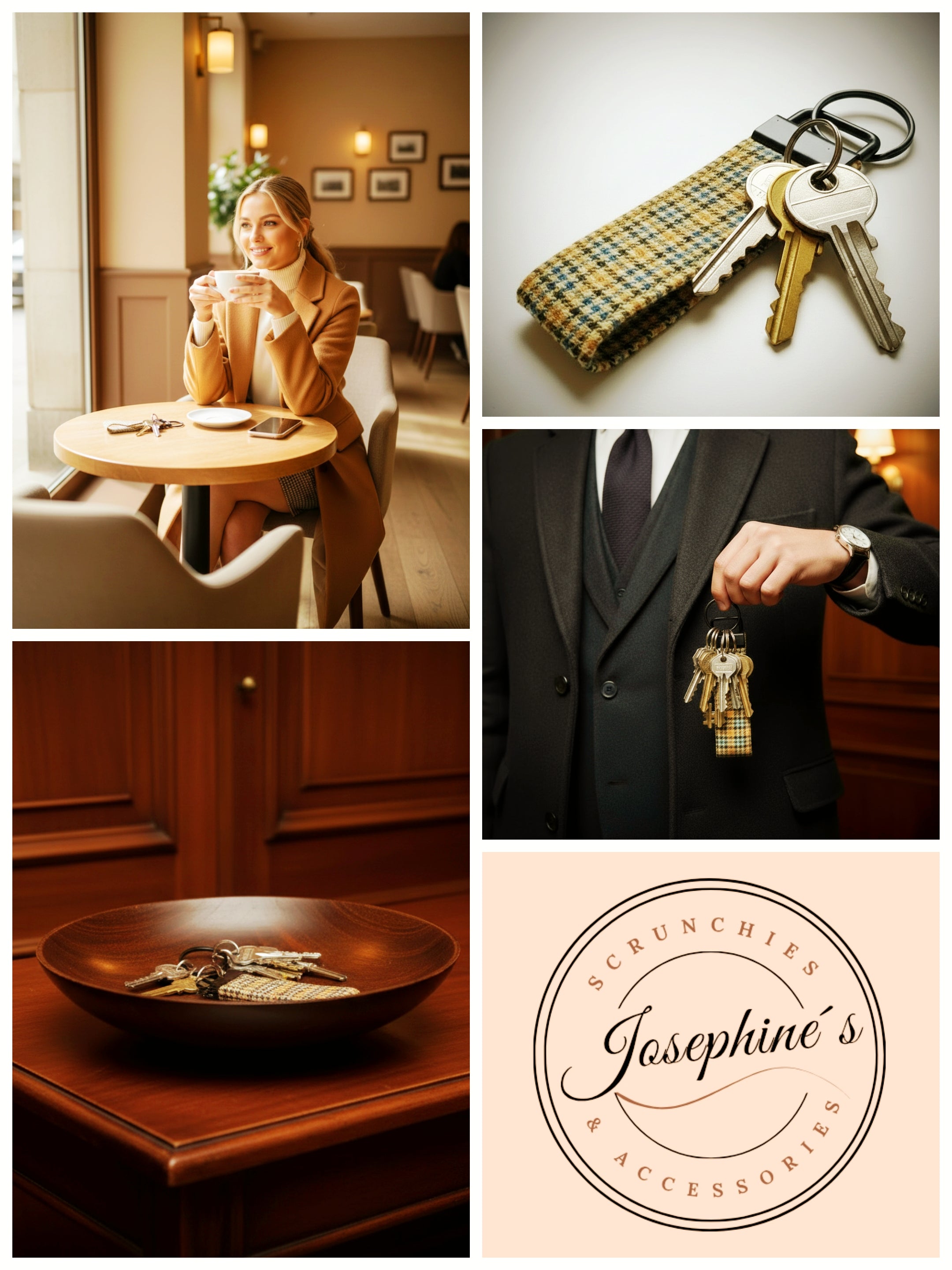 Schlüsselband Beige kariert Wollstoff