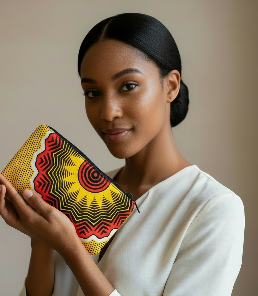 Kosmetik-Tasche Gelb-Orange "Sonne" Ankara-Fabric