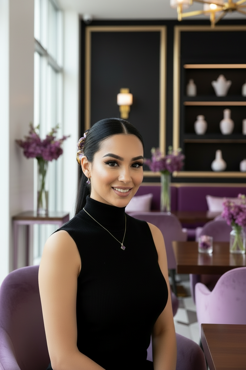 Scrunchie Lila / Schwarz/ Gold gemustert Satin, edel