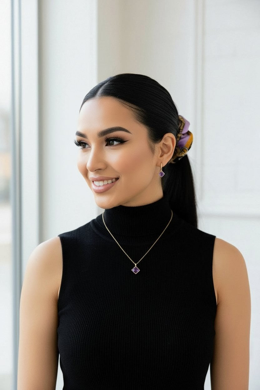 Scrunchie Lila / Schwarz/ Gold gemustert Satin, edel