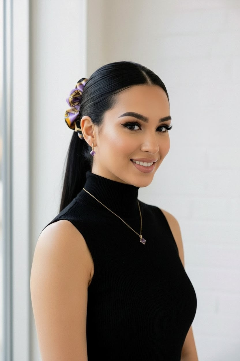 Scrunchie Lila / Schwarz/ Gold gemustert Satin, edel