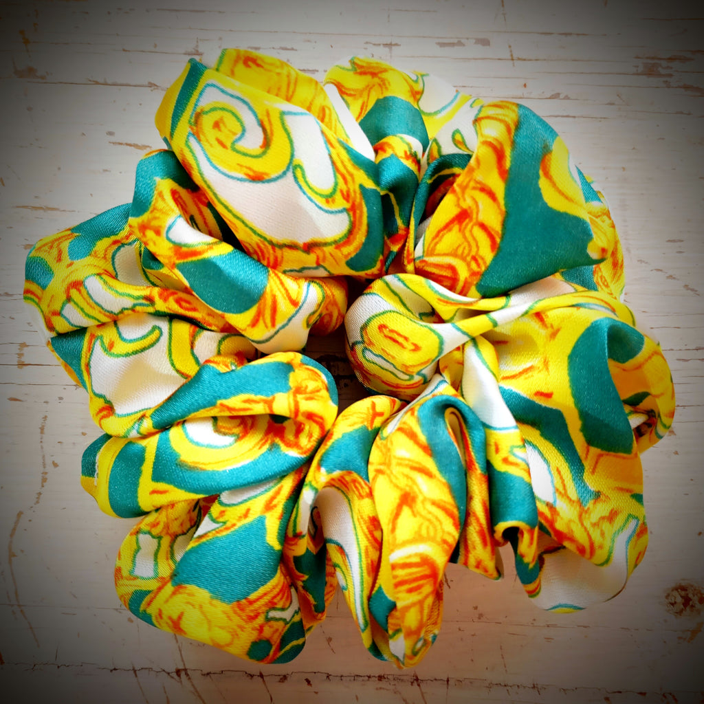 Scrunchie Türkies Gelb Weiss gemustert Soft-Satin