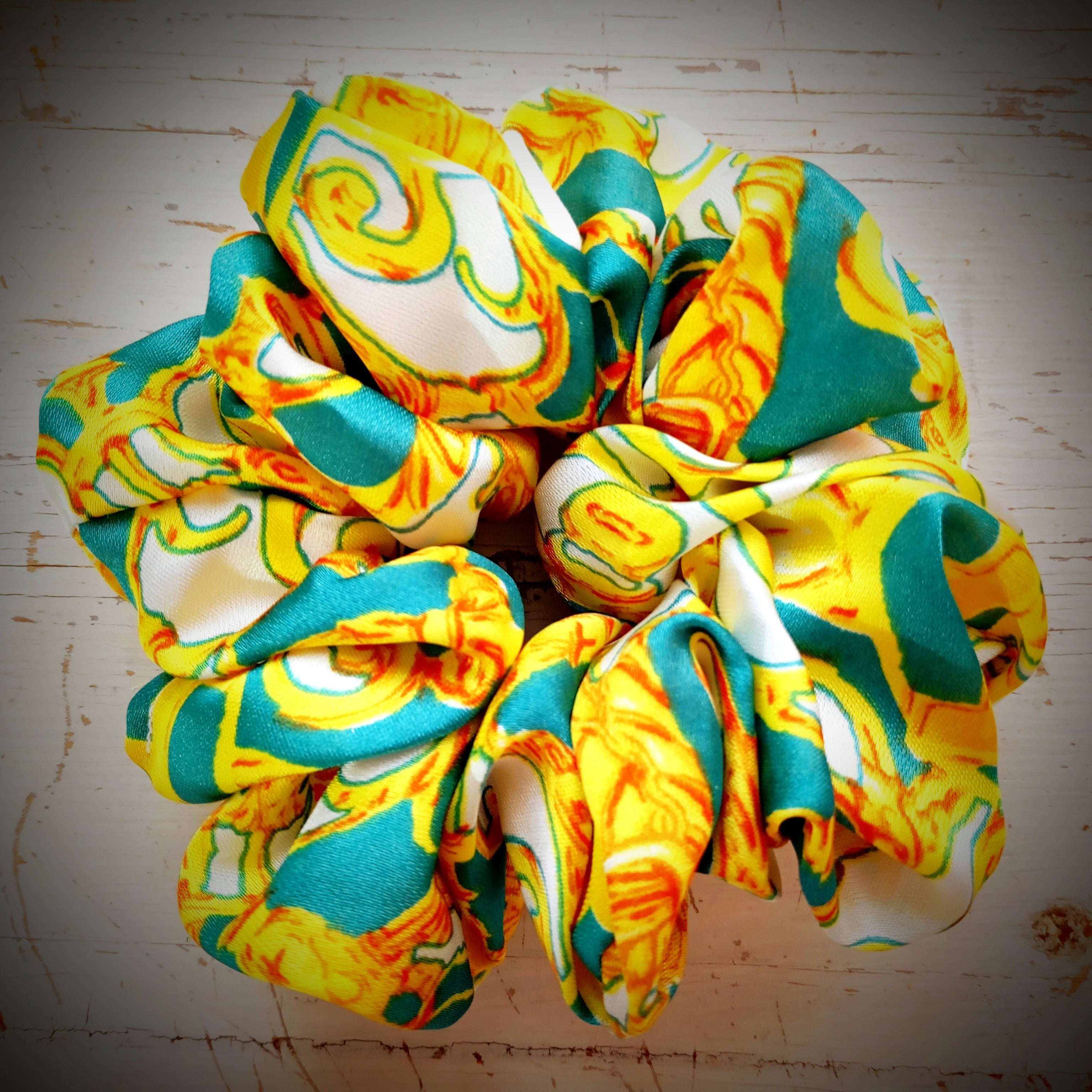 Scrunchie Türkies Gelb Weiss gemustert Soft-Satin