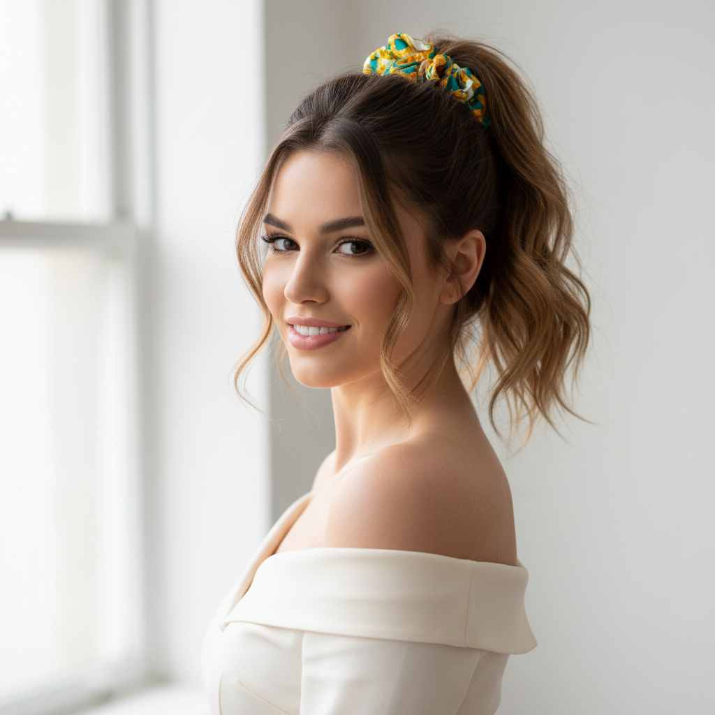 Scrunchie Türkies Gelb Weiss gemustert Soft-Satin