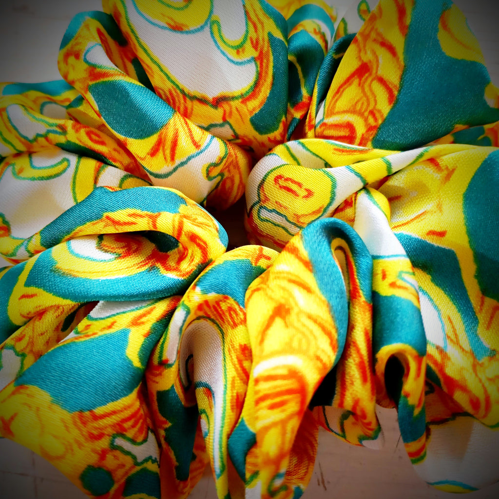 Scrunchie Türkies Gelb Weiss gemustert Soft-Satin