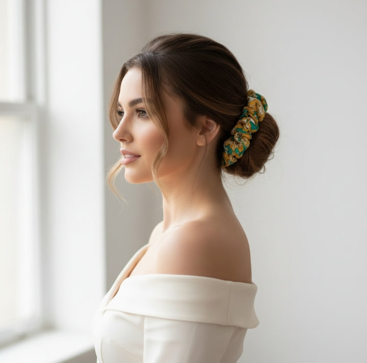 Scrunchie Türkies Gelb Weiss gemustert Soft-Satin