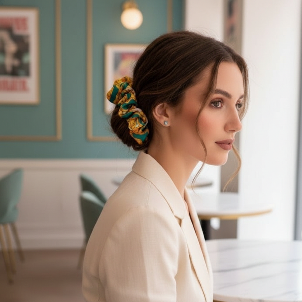 Scrunchie Türkies Gelb Weiss gemustert Soft-Satin