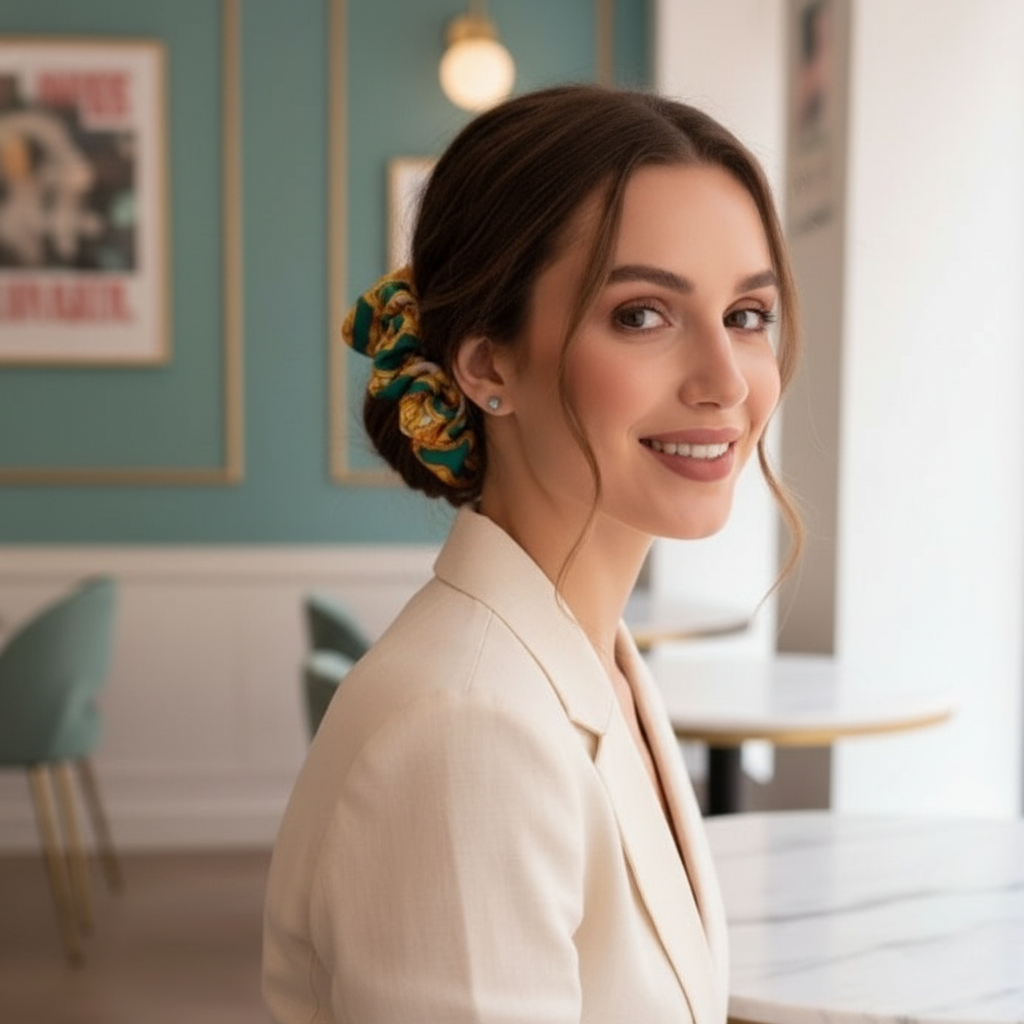 Scrunchie Türkies Gelb Weiss gemustert Soft-Satin