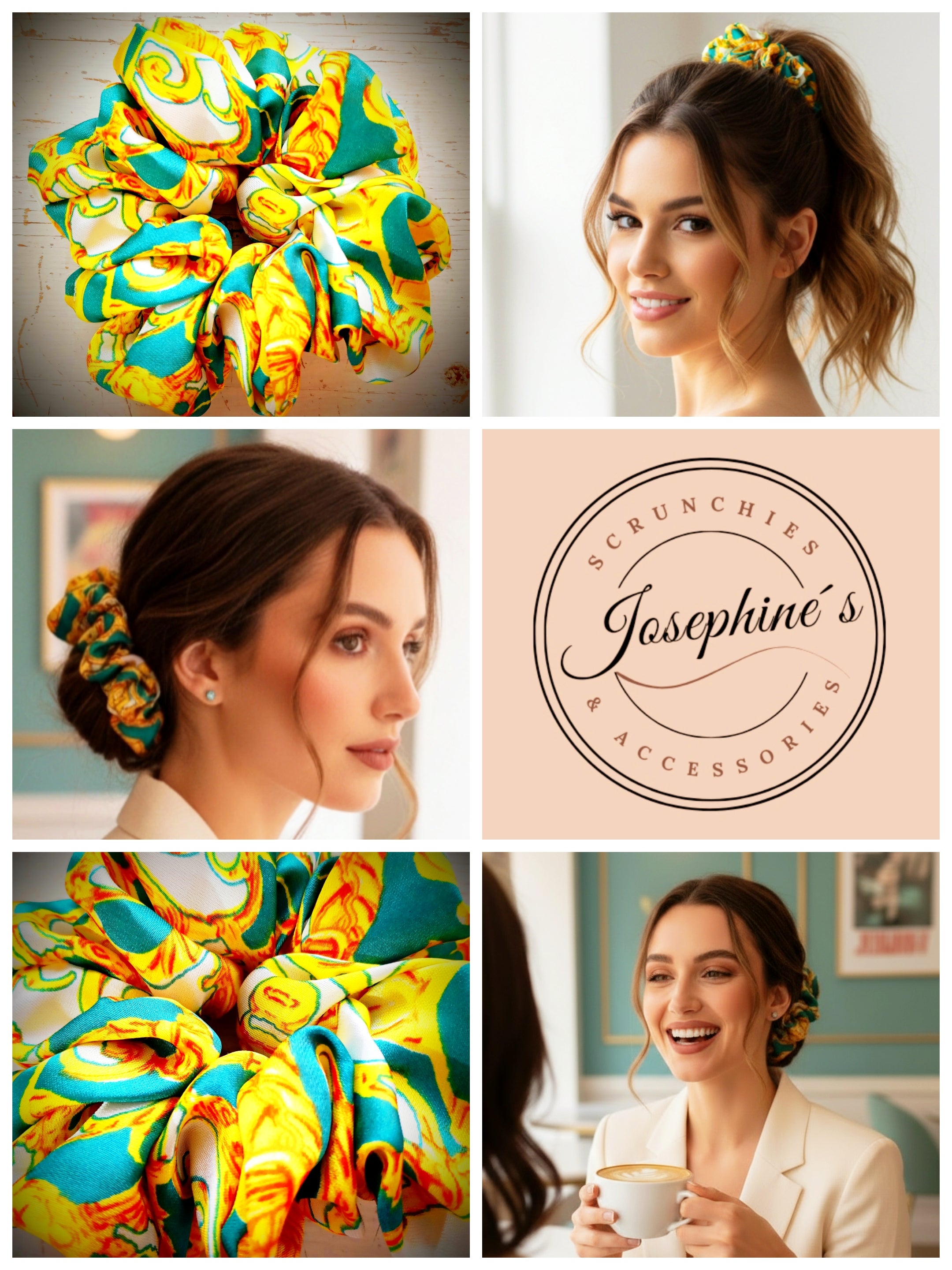 Scrunchie Türkies Gelb Weiss gemustert Soft-Satin