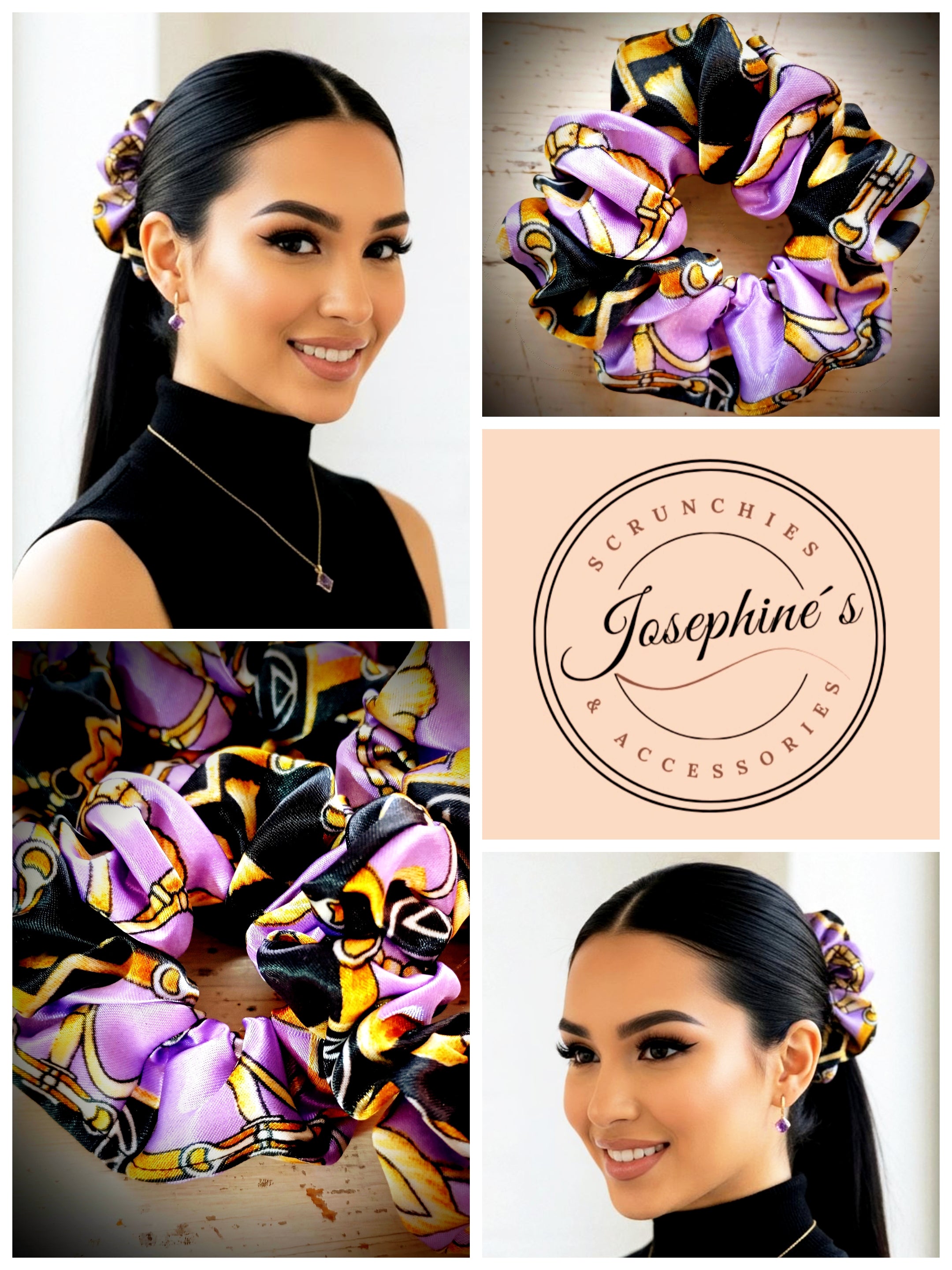 Scrunchie Lila / Schwarz/ Gold gemustert Satin, edel