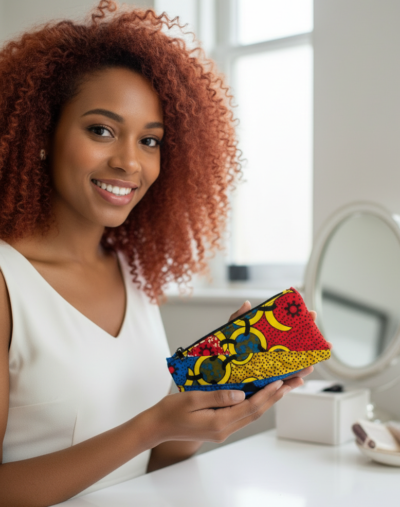 Kosmetik-Tasche Rot Blau Gelb Schwarz Ankara-Fabric