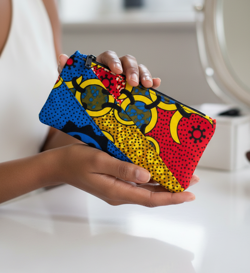 Kosmetik-Tasche Rot Blau Gelb Schwarz Ankara-Fabric