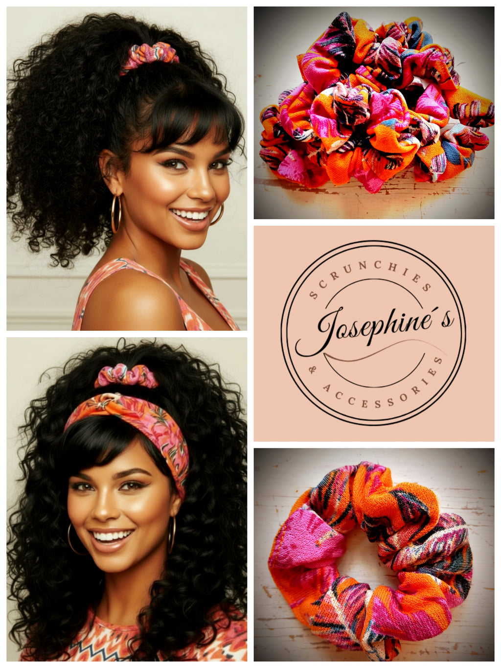 Handgefertigter Scrunchie Orange Pink Palmblätter 
