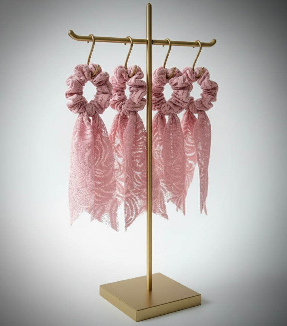 Handgefertigtes Duo: Scrunchie & Schleifen-Scrunchie -  Rosa Spitze