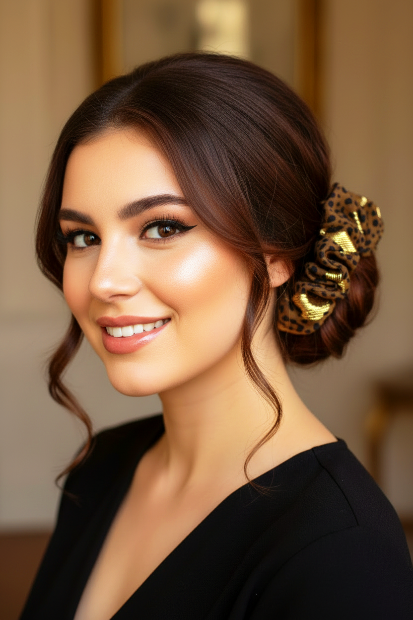 Scrunchie Braun-Grün mit Gold getragen im Haar – Styling-Inspiration handmade by Josephine´s