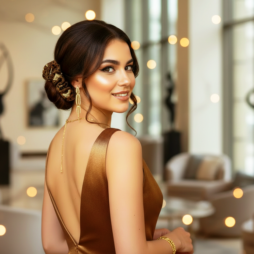 Eleganter Haargummi Braun-Grün – handgefertigter Scrunchie mit Gold-Details gezeigt mit Abendkleid. Handmade by Josephine´s