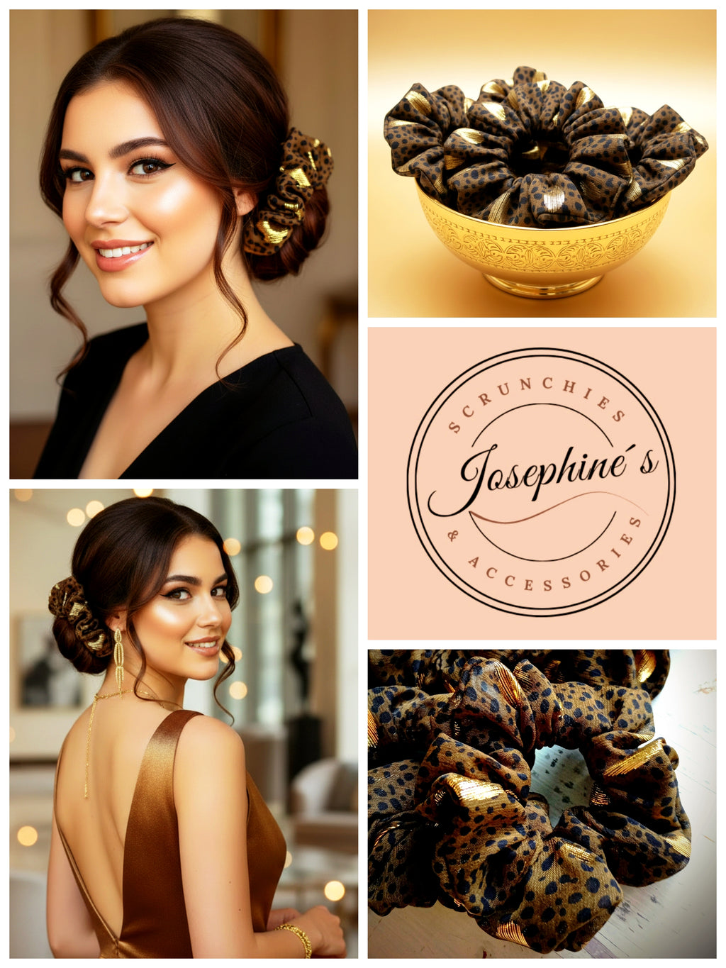 Scrunchie Braun-Grün-Gold komplett – eleganter Haargummi für jeden Anlass. Handmade by Josephine´s
