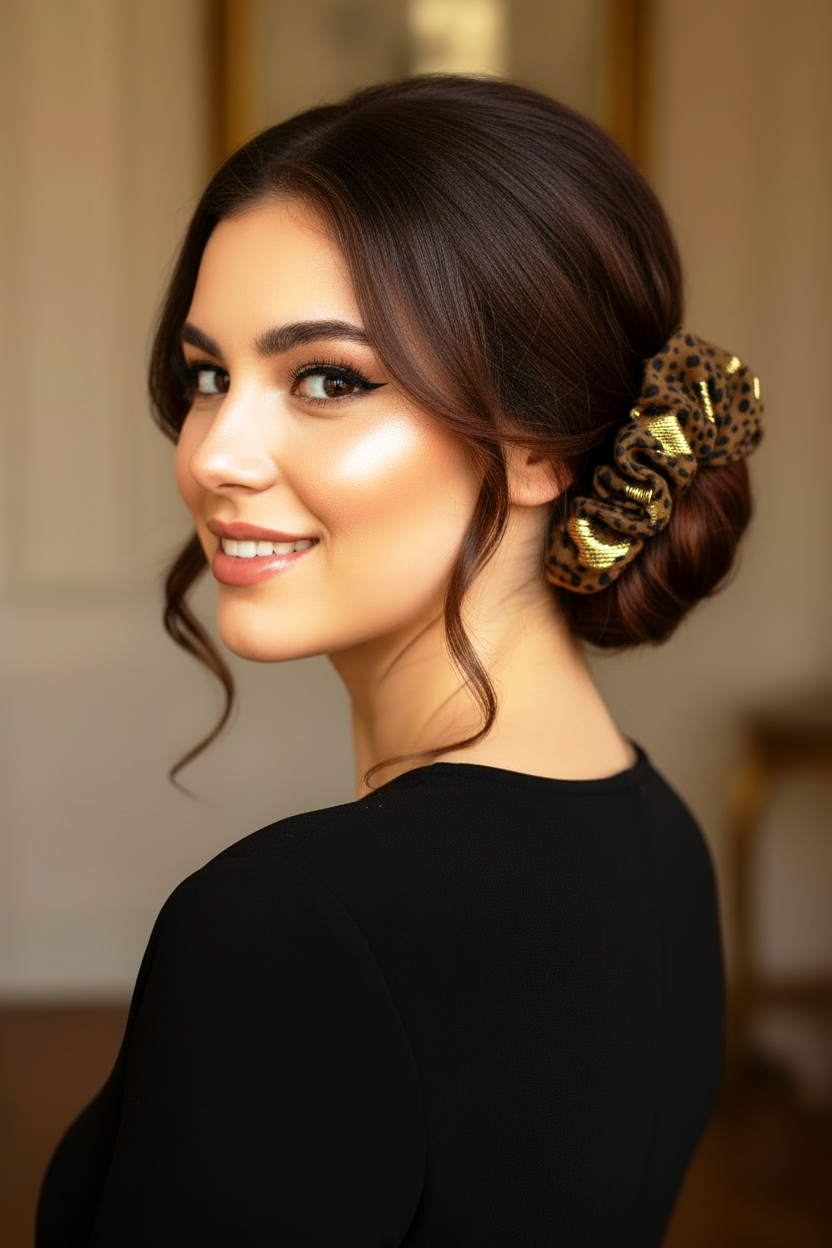 Handgemachter Scrunchie Braun-Grün mit Gold – elegantes Haaraccessoire von Josephine's, gezeigt im Haar.