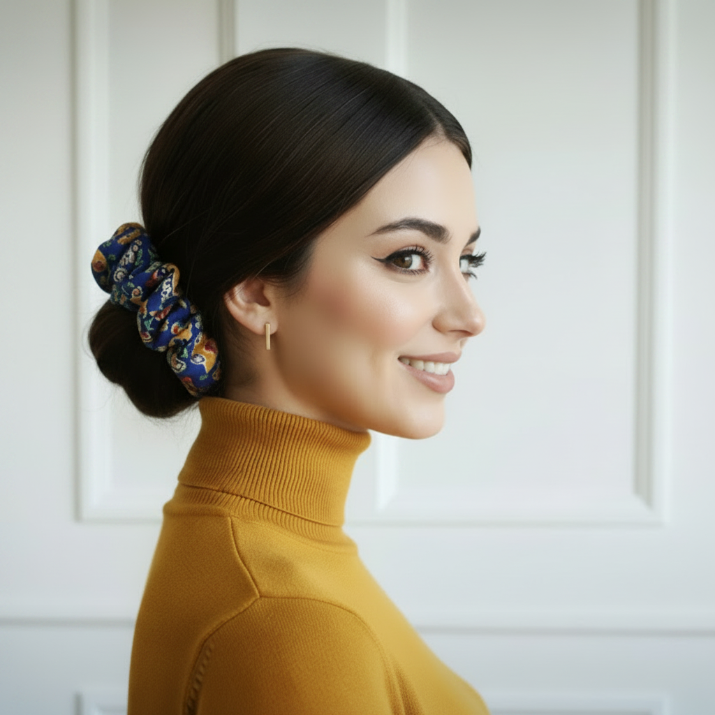 Handgefertigtes Scrunchie Jeansblau-curryfarben gemustert Viscose