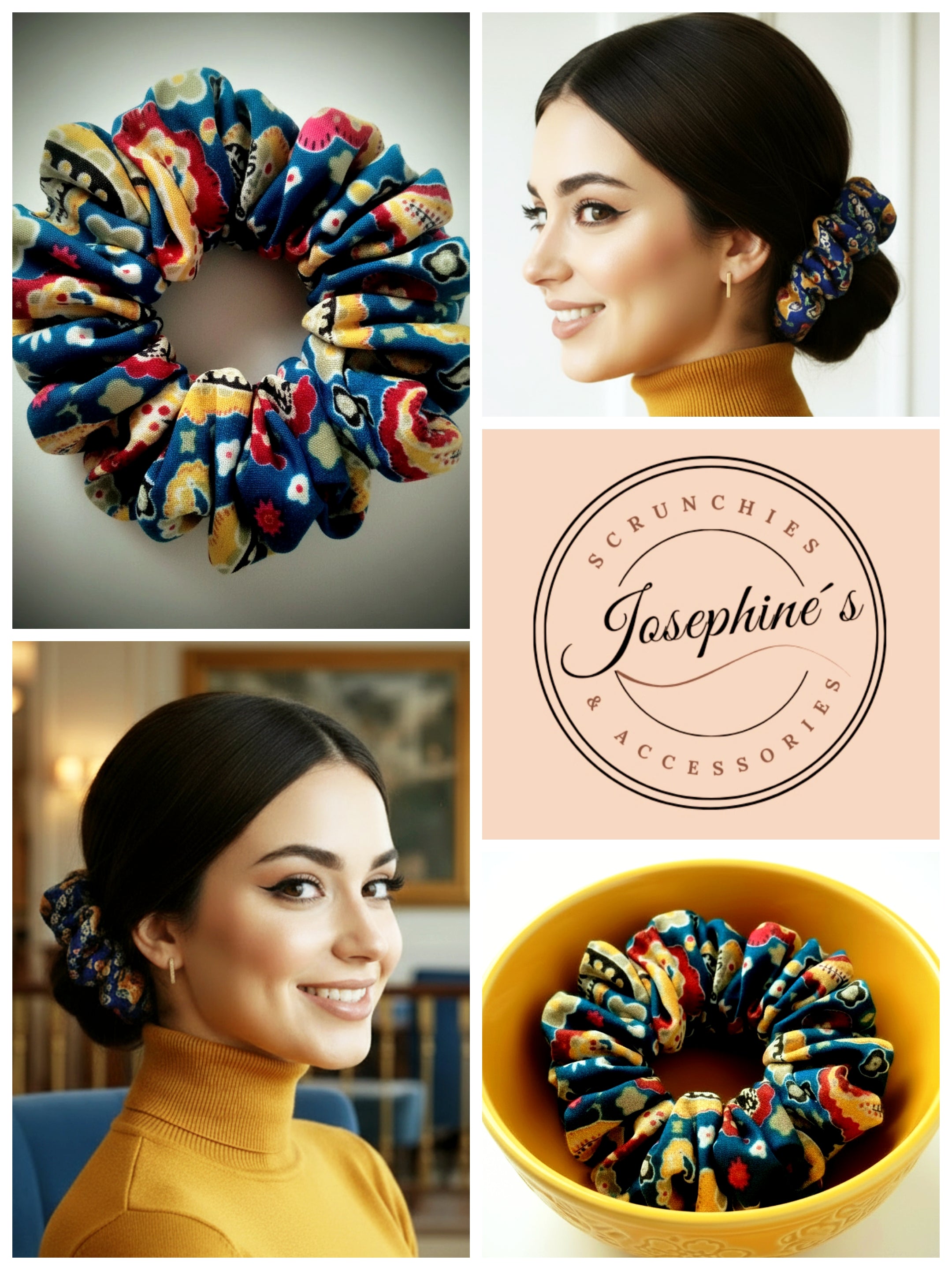 Handgefertigtes Scrunchie Jeansblau-curryfarben gemustert Viscose