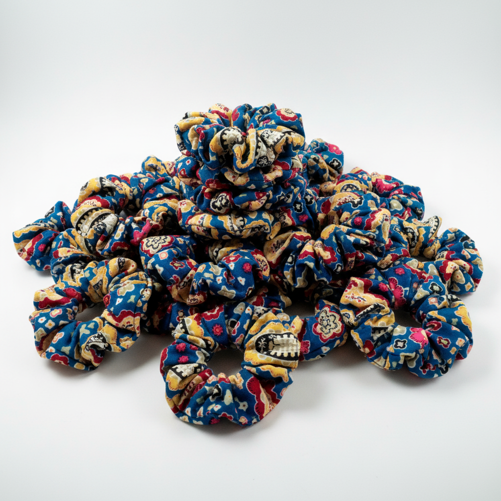 Handgefertigtes Scrunchie Jeansblau-curryfarben gemustert Viscose