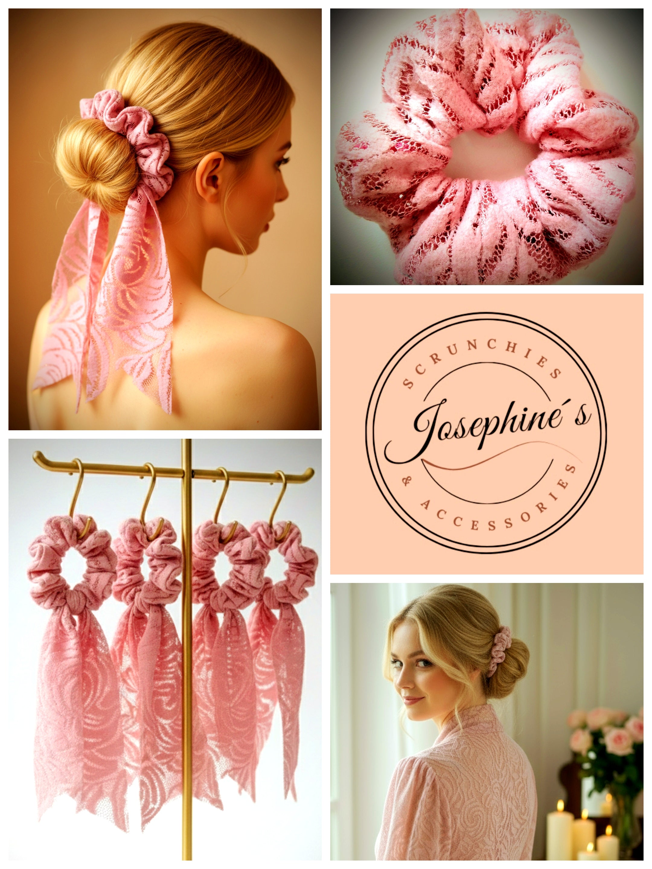 Handgefertigtes Duo: Scrunchie & Schleifen-Scrunchie -  Rosa Spitze