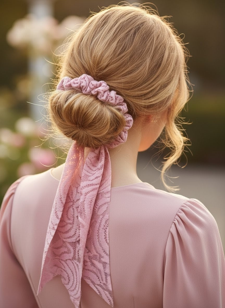 Handgefertigtes Duo: Scrunchie & Schleifen-Scrunchie -  Rosa Spitze