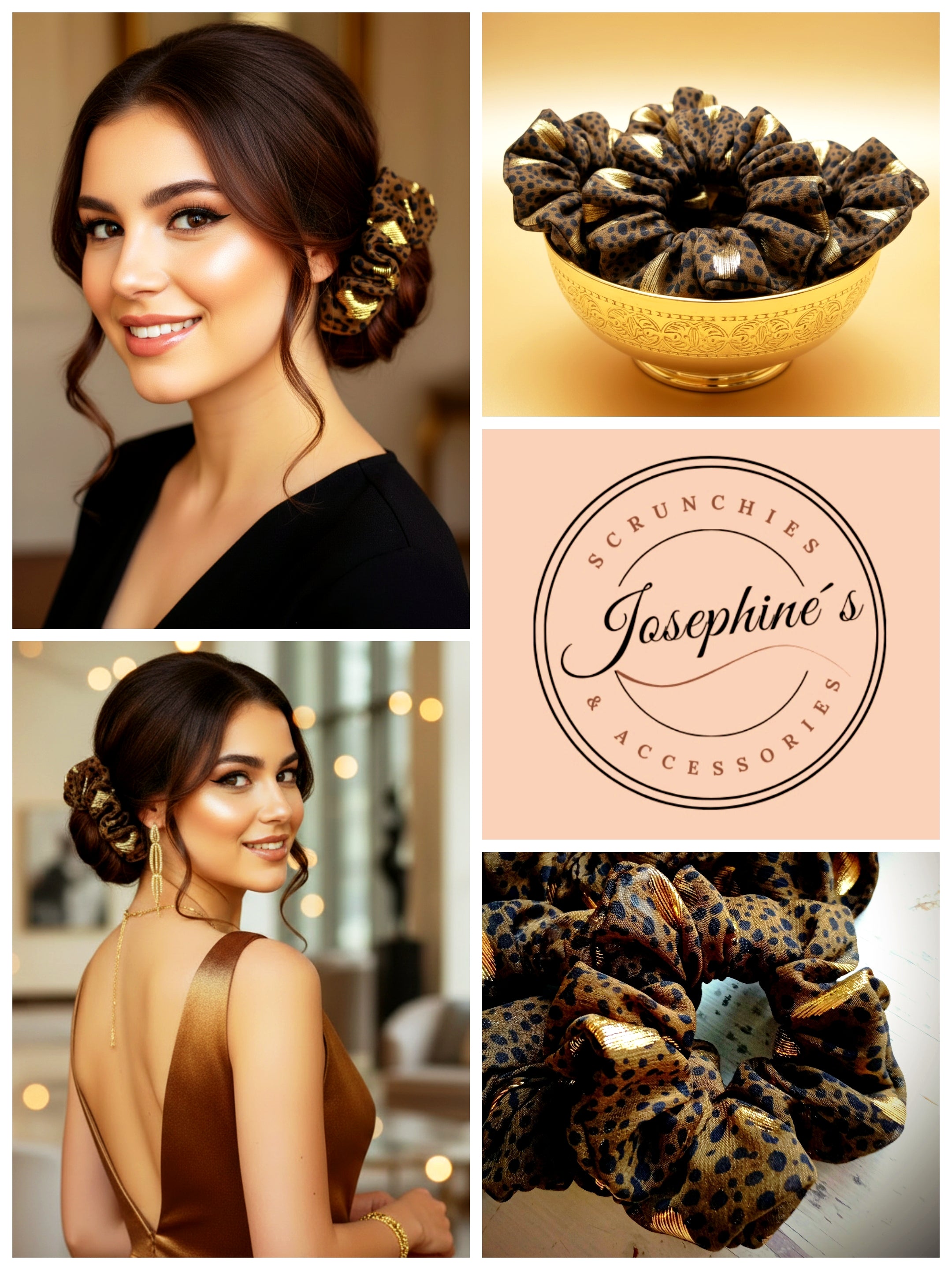 Handgefertigter Scrunchie in Braun-Grün gesprenkelt mit goldenen Ovalen aus zartem Voile-Stoff – eleganter Haargummi handmade by Josephine's