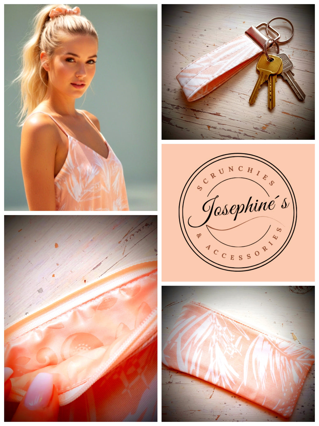 Handgefertigtes Duo: Kosmetik-Tasche & Schlüsselband -Apricot Palmblätter